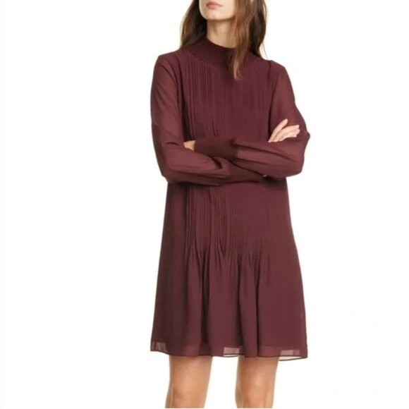 Club Monaco Burgundy Pintuck Rib Long Sleeve Dress - Picture 1 of 8